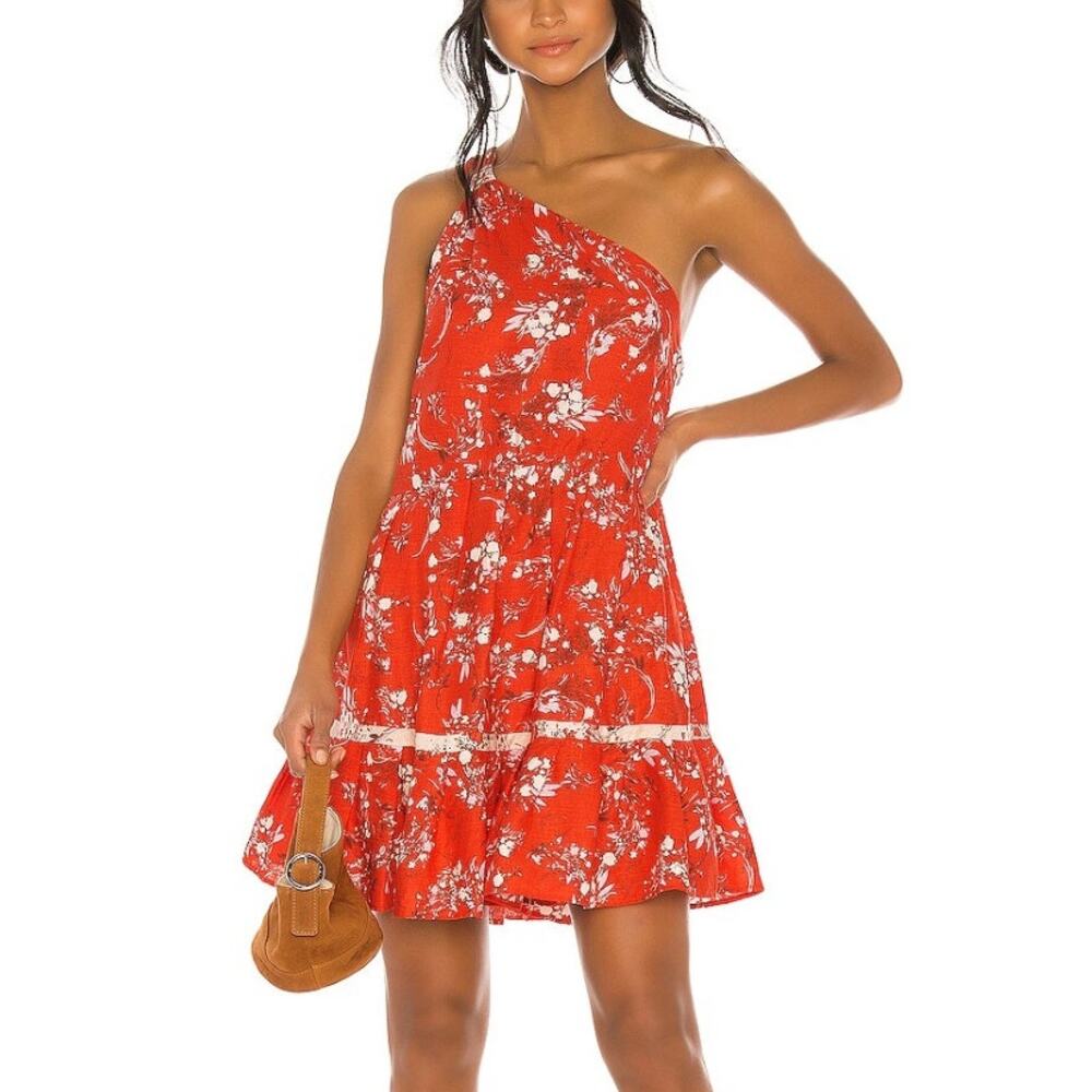 Free People All Mine Red Linen Blend One Shoulder Floral Flowy Boho Mini Dress